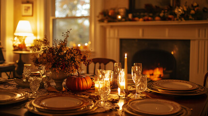 A charming estate with a cozy fireplace, inviting family for a Thanksgiving gathering.
