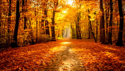 A beautiful path in the autumn sunny forest, on the path autumn leaves