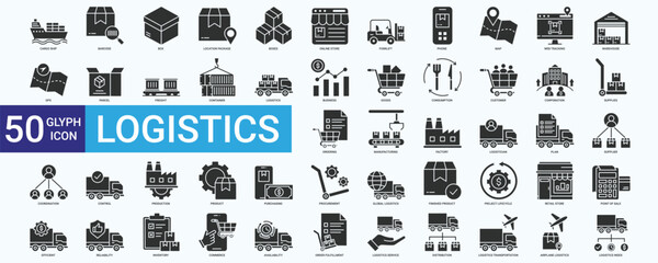 Logistics icon set with cargo ship, purchasing, business, goods, consumption, customer, corporation, inventory, supplier and transportation