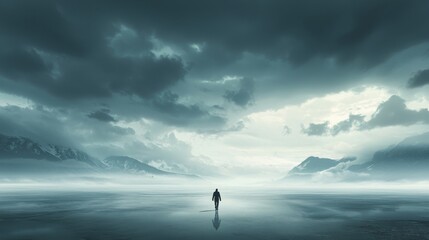 Solitary Figure in Vast Flat Landscape