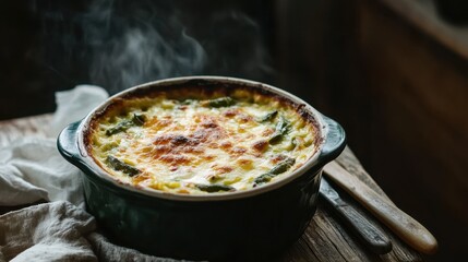 Delicious homemade asparagus quiche with melted cheese topping in rustic setting National Green Bean Casserole Day