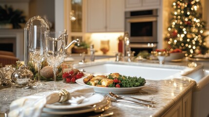 Fototapeta premium Festive christmas kitchen setting with holiday dinner preparations for celebration Sinkie Day