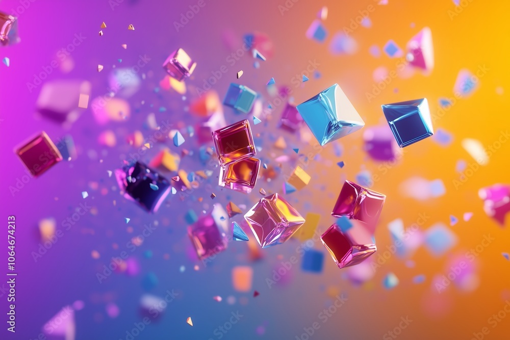 Poster colorful geometric shapes floating through a vibrant gradient background in abstract digital art