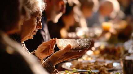 Warm family gathering and traditional meal sharing at a sunlit table Sigd Day