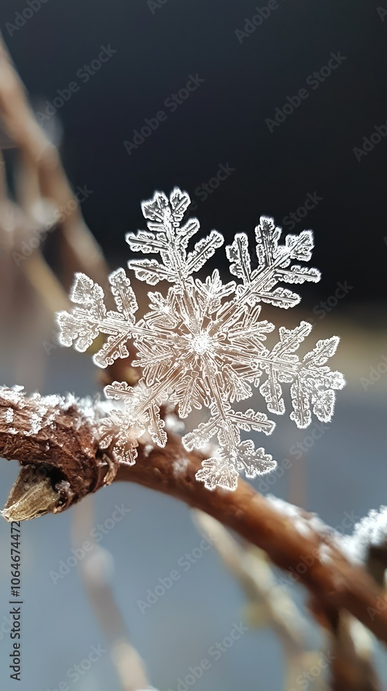Poster snowflake resting on a branch in close-up detail