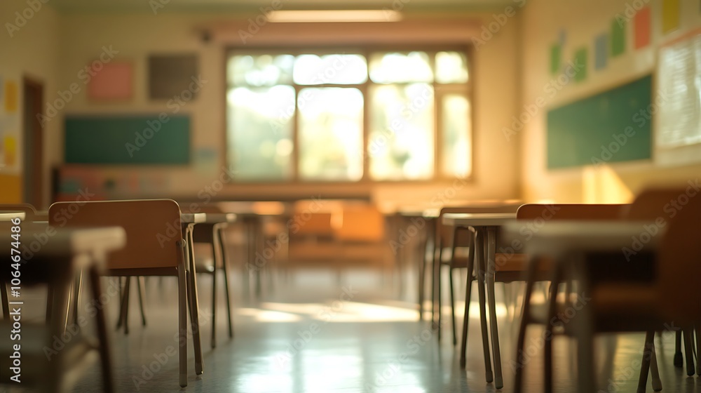 Poster empty classroom with sunlight streaming through window