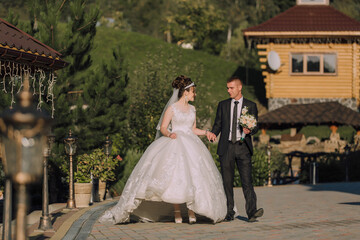 Obraz premium A bride and groom are walking down a path in front of a house. The bride is wearing a white dress and the groom is wearing a suit. They are holding hands and appear to be happy and in love