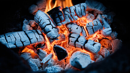Close-up of burning charcoal and glowing embers with visible cracks and intense orange flames, highlighting heat and combustion process.