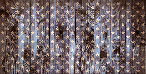 Vintage background in USA flag colors with old grunge wooden retro wall pattern with stars, 4th of july Independence Day theme, festive concept for american national holidays.