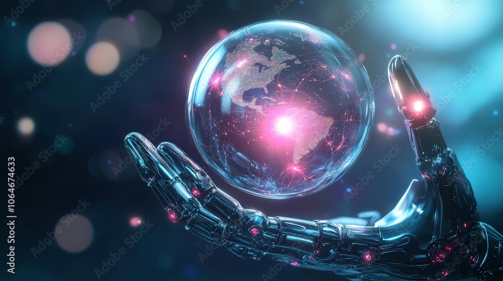 Poster a robotic hand holding a glowing globe representing the concept of global connectivity and artificia