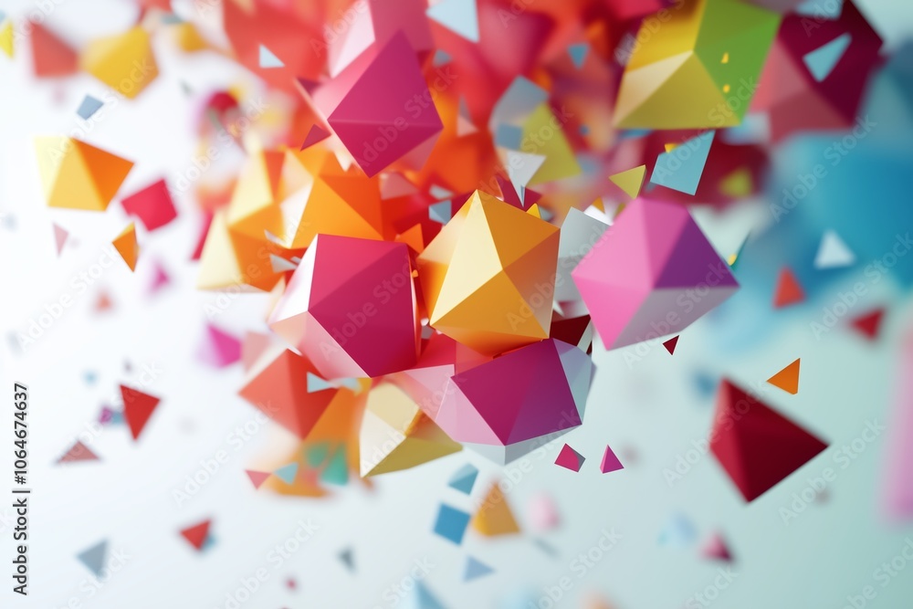 Poster vibrant geometric shapes in dynamic arrangement create a lively abstract composition in a colorful d