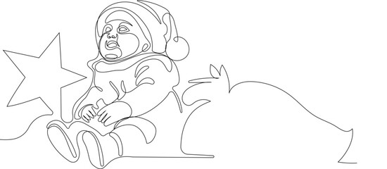 Outlined Cute Santa Claus Cartoon Character With A Sack Full Of Gifts. Vector Hand Drawn Illustration. One continuous line drawing Santa Claus on reindeer and sled. concept for Christmas and New Year
