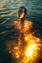 The golden sun at sunset shines on the face and body of a young female model. She seems to have been created from sunlight. A fantastic image. Mystical and fascinating.
