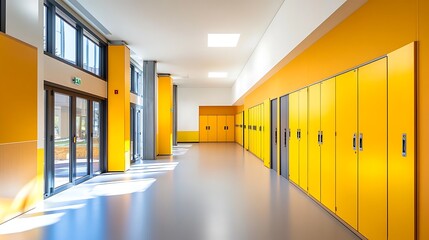 Fototapeta premium Bright Yellow Hallway with Lockers and Windows