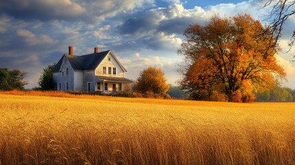 Fototapeta premium A charming farmhouse surrounded by golden fields, showcasing the beauty of Thanksgiving harvest.