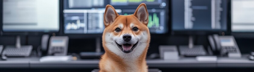 A cheerful Shiba Inu dog sits at a desk, looking at the camera, with a backdrop of computers displaying digital data.