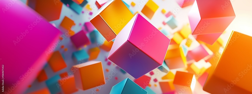 Poster colorful 3d geometric shapes floating in a vibrant space with dynamic lighting and reflections durin