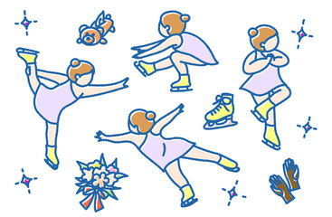 フィギュアスケートで踊る・ジャンプする・回転する女の子（カラー）