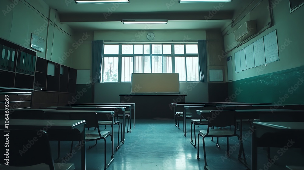 Poster empty classroom with rows of desks and chairs