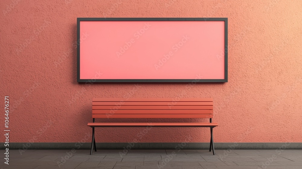 Poster a minimalist scene featuring a coral wall, a blank canvas frame, and a matching bench, creating a so