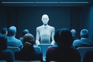 Fototapeta premium Futuristic Auditorium Hosts Panel Discussion on Consciousness Creativity and Sentient Machines
