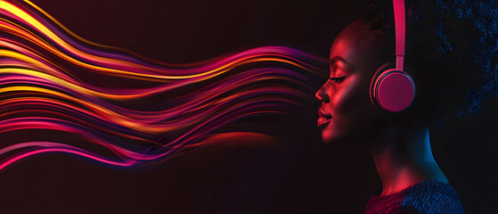 Woman Listening to Music with Headphones and Neon Lights