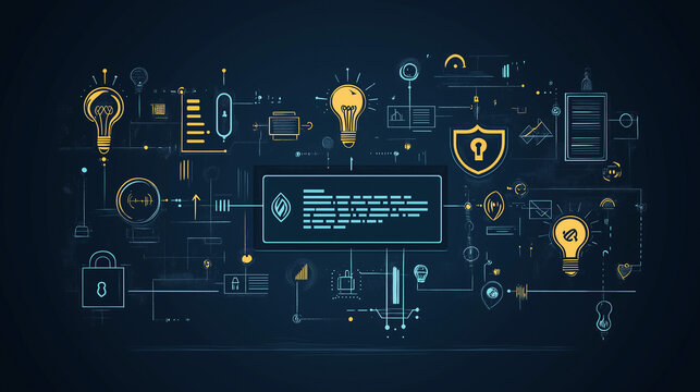 An infographic-style illustration of an intellectual property ,protected ideas, Generative AI