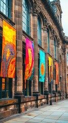 Fototapeta premium Vibrant Art Banners on Historic Gallery Exterior
