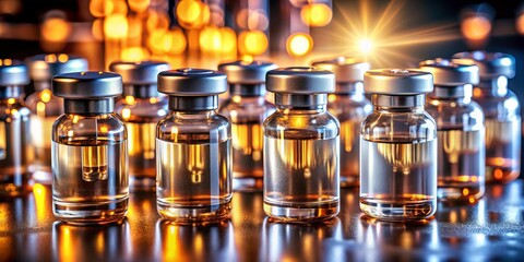 Close-up of Vaccine Vials Illuminated by Warm Light, Showcasing Scientific Advancements in Medicine and the Importance of Vaccination in Modern Healthcare