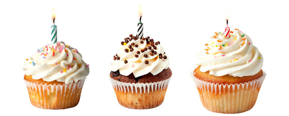 A freshly baked chocolate cupcake or muffin topped with rich creamy frosting, a candle, and chocolate sprinkles, perfect for celebrations. Isolated on white transparent background