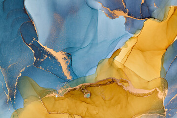 Naklejka premium Snaking rivers of metallic gold weave through vibrant interplay of soft and bold tones. Movement and balance in nature, crafted in the fluid ink technique to create seamless transitions rich texture