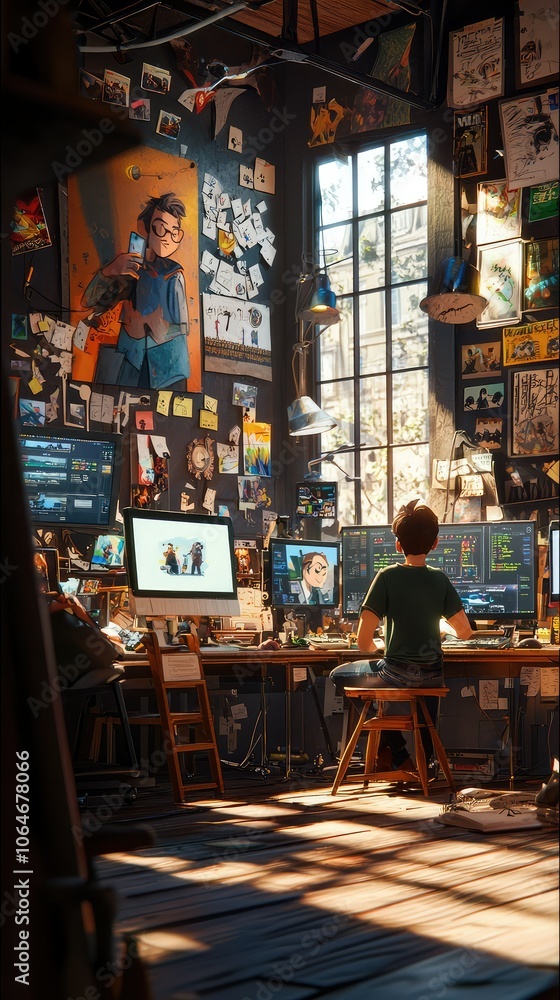Poster animators at work in a creative studio environment
