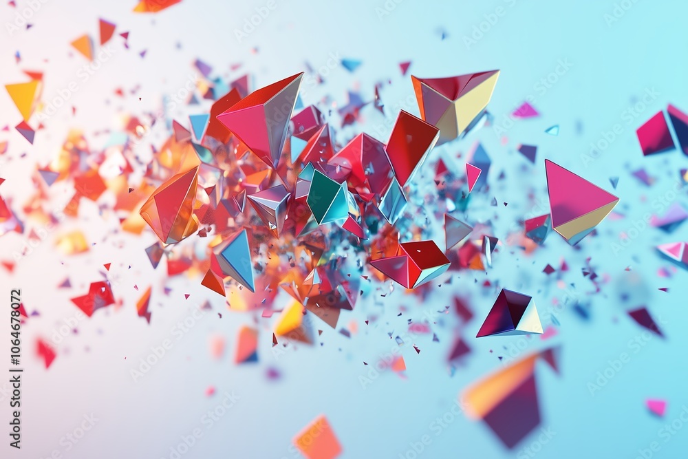 Poster colorful abstract geometric shapes explode against a soft gradient background showcasing dynamic mov