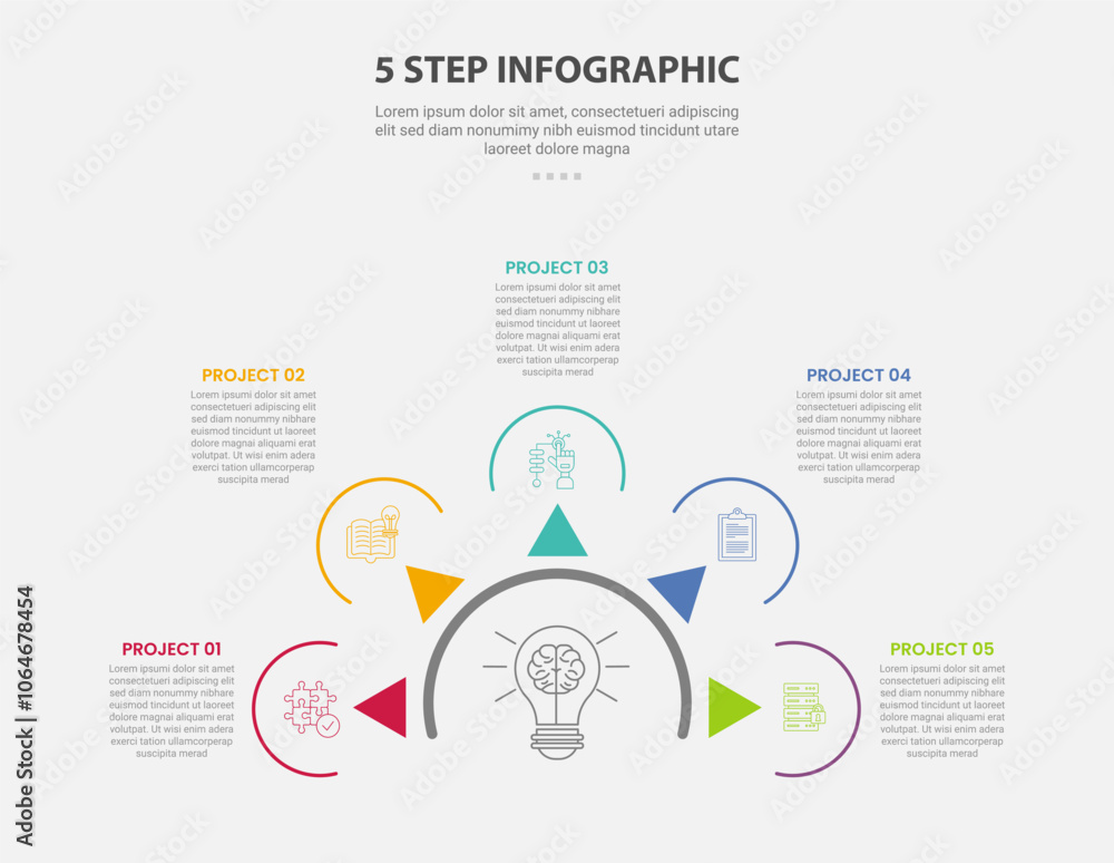 Poster 5 points template infographic outline style with 5 point step template with half circle and arrow sp