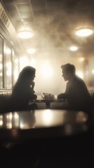 Two figures silhouette in a misty diner, evoking classic film noir ambiance and intimate conversation over a meal.