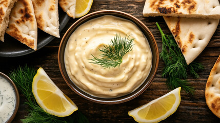 Close-up of a bowl of creamy garlic sauce garnished with dill, surrounded by pita bread, lemon wedges, and fresh dill on a wooden table.