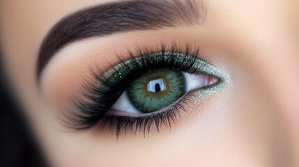 A close-up view of a woman's green eye, enhanced with long, layered false eyelashes. Her eye makeup is flawless, highlighting the beautiful shape of her eyes.