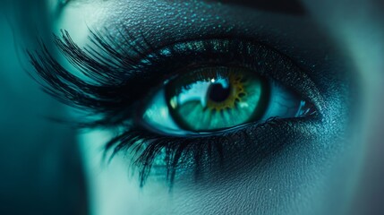 Fototapeta premium A close-up view of a woman's green eye, enhanced with long, layered false eyelashes. Her eye makeup is flawless, highlighting the beautiful shape of her eyes.