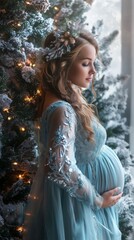 A serene moment of a pregnant woman in a lace dress, standing by a snowy Christmas tree adorned with lights.