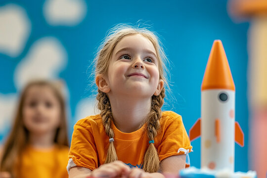A learning space for kids with interactive STEM game stations where kids can design and test their own virtual rockets.