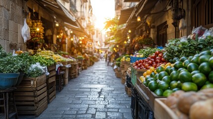 A bustling market street full of fresh produce during sunset in a vibrant city
