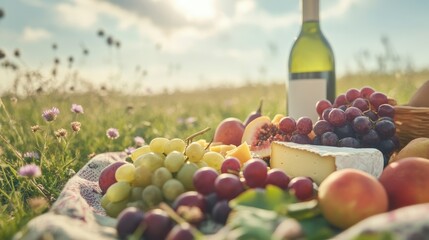 A sunny picnic spread with fresh fruits, cheese, and wine bottle in a vibrant field during late afternoon in nature