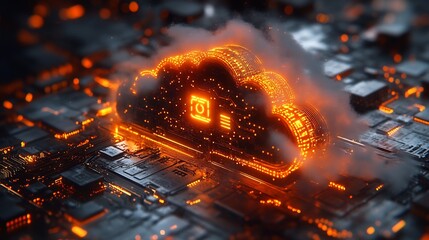 Digital cloud embedded glowing circuit patterns and security symbols representing cloud computing security and cyber protection