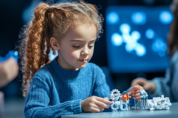 A group of young children engage in a hands-on learning activity, building small engineering projects with blocks and gears. An interactive screen demonstrates STEM concepts.