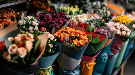 Multiple bouquets of colorful flowers including roses, wrapped in paper and displayed in a flower shop arrangement.