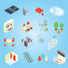 Shopping mall elements isometric icons set