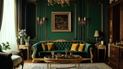 Elegant living room adorned with gold and emerald hues, featuring luxurious furnishings and intricate details