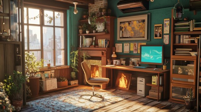 A cozy, small home office with an open layout and a fireplace.