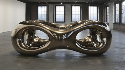 Sleek metallic sculpture in a spacious gallery