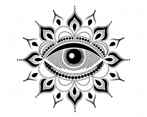 An illustration of a dotwork tattoo with intricate patterns made of tiny dots. The pattern is isolated and there is a white background.